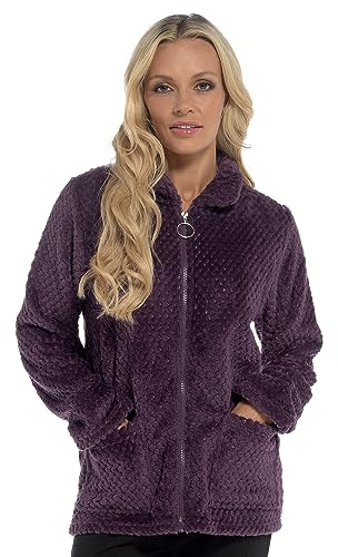 Undercover Ladies Waffle Fleece Bed Jacket – Soft Coral Fleece Zip Up Dressing Gown with Peter Pan Collar & 2 Front Pockets – Cosy Warm Lounge Jacket
