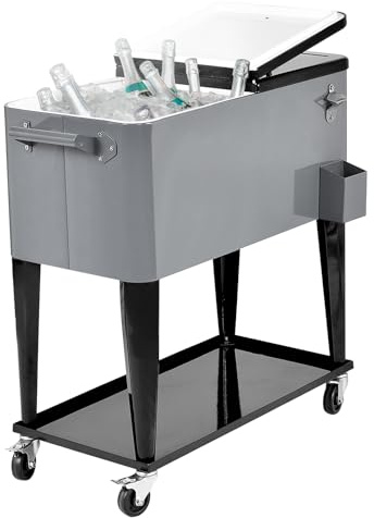 Carrito de Cocina con Ruedas de 76 l, hielera de Acero Inoxidable con Ruedas bloqueables, Asas, abridor de Botellas, recogedor de Tapas de Botellas, Enfriador de Bebidas para Exteriores con