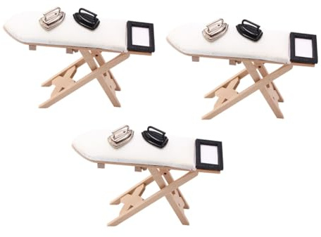 Parliky Set Mini Ferro da Stiro e Asse da Stiro in Legno 3 Pezzi Mobili in Miniatura Decorativi per Casa delle Bambole Accessori Fotografici per