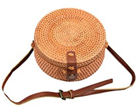 Ulisty Damen Rund Handgefertigt Rattan Tasche Kreis Handgewebt Stroh Tasche Korb Sommer-Strandtasche Schultertasche Umhängetasche braun