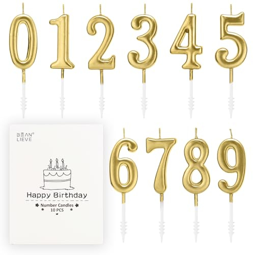 BEAN LIEVE Lot de 10 bougies d'anniversaire à chiffres - Bougies à chiffres de 0 à 9 à paillettes pour décoration de gâteau, anniversaire de mariage et fête (Champagne doré)