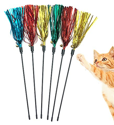 IUHKBH Cat Toy Wand 6 PCS Interactive Cat Teaser Wand with Sound Paper Tassels and Bell for Cat and Kitten