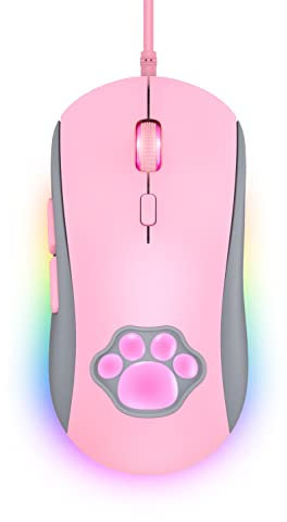 PHNIXGAM Ratón para Juegos RGB con Garra de Gato, ratón óptico silencioso para computadora con conexión USB, 6 dpi Ajustables hasta 7200, RGB, 6 Botones programables Windows/Vista/Linux (Pink)