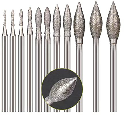 Luo ke 11 Pcs Olive Shape Diamond Burr - 3/32 Inch Shank Diamond Mounted Grinding Bits Stone Carving Sets for Rotary Tool includes Dremel