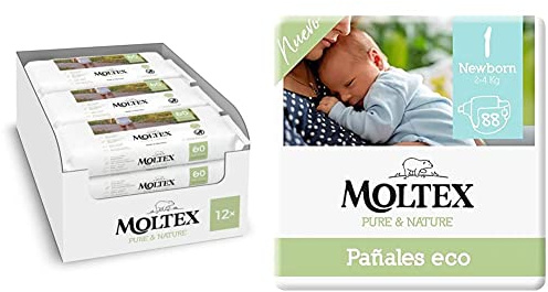 Moltex Pure & Nature Toallitas para Bebé - 720 toallitas, 12 paquetes (12x60) & Pañales Ecológicos Talla 1 (2-5 kg) - 88 Pañales