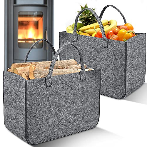 Borsa per Legna da Ardere in Feltro, 2 Pezzi Borse per Spesa Cesto per Legno, Pieghevole Portalegna da interno per Camino, per Shopper, Portariviste da Terra, Giornale, Giocattoli (Grigio Medio)