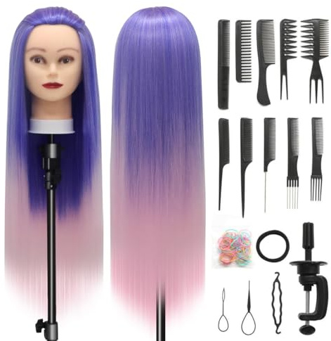 Tete a Coiffer, 28 inch 100% de Cheveux Synthétiques Têtes d'exercice Tête À Coiffer Coiffure Cosmétologie tete a coiffer professionnelle Poupée avec Support + Ensemble de Tresse (Bleu rose)