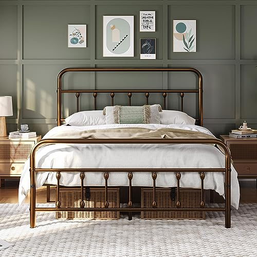 Yaheetech 4ft6 Double Bed Frame Vintage Iron Platform Bed with High Headboard and Footboard, Strong Metal-Framed Bed with Storage Bronze