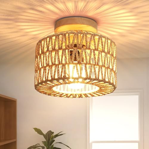FRIDEKO HOME Deckenlampe Holz,Deckenleuchte Boho Vintage mit Rattan Lampenschirm Hängelampe E27 Fassung Lampe Decke für Wohnzimmer Esszimmer Schlafzimmer Küche Flur