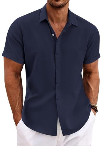 COOFANDY Summer Shirts Men Short Sleeve Linen Button Down Casual Beach Holiday Shirt Navy Blue L