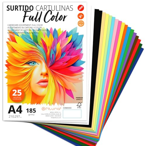 Ofituria Cartulina A4 de Colores - 185g/m2 para Manualidades, Educación, Hogar, Arte o Empresas - Surtido Full Color (25 Cartulinas)