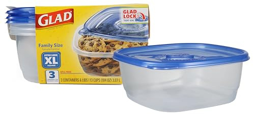 Glad GladWare XL Square Food Storage Containers with Lock Tight Lids, Family Size BPA Free Plastic Containers for Leftovers and Meal Prep, Reusable Dishwasher Safe, 104 Oz, 3 Count