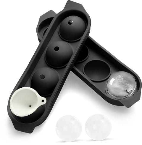 Ghiaccio Stampo Silicone, 4 Rotondo Cubetti Ghiaccio con Coperchio, 4.5cm Grandi Formine Cubi Ghiaccio Silicone Ice Cube Tray per Birra Cocktail Whisky Vino Puree di Frutta Gelati - Nero