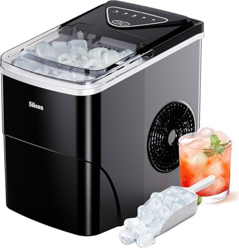 Silonn Eiswürfelmaschine, selbstreinigende kleine Eiswürfelmaschine mit Eisschaufel und Korb,9 Würfel in 6 Minuten fertig 12 KG in 24 Stunden,2 Größen von Bullet Eis für Küche, Büro, Bar und Party