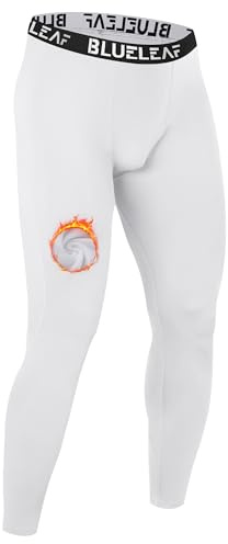 Blueleaf Mens Thermal Compression Pants Fleece Lined Athletic Running Tights Leggings Cold Weather Sports Base Layer Bottoms Winter Gear White M