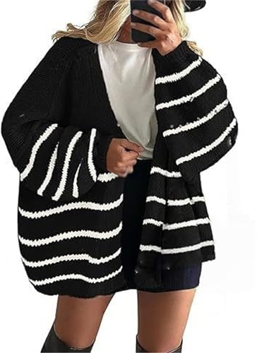 Cardigan da donna oversize con apertura frontale a maglia grossa, maglioni trendy con apertura frontale maniche lunghe a lanterna, maglione casual lavorato a maglia, Strisce nere., XXXXXL