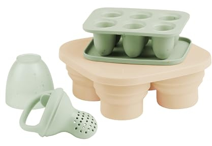 Contenitori in silicone Babymoov per conservare alimenti per bambini e succhiotto per frutta – 2 vaschette per congelare pappe con coperchio, 1 succhiotto per frutta per la dentizione del bambino.