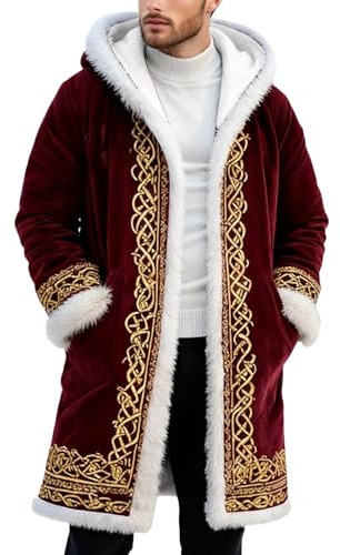 Travestito da Babbo Natale per Uomo con Stampa Natalizia, Mantello di Velluto da Babbo Natale con Cappuccio, Abito da Festa Natalizia, Cardigan con Tasche per Attività di Natale, rosso, XXL