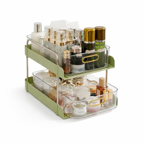 AWOI 2-Tier Slide-Out Storage Drawers, Slim Under Sink & Cupboard Organiser, 26cm Compact Space-Saving Clear Plastic Trays for Bathroom, Kitchen & Desk (Avocado Green)