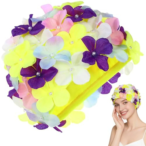 Bonnet de Bain Femme Motif Floral 3D, Bonnet Piscine Femme | Nylon Léger et Confortable, Bonnet de Bain Rétro Extensible, Chapeau de Bain Élégant pour Piscine Plage Natation Loisirs