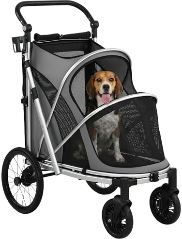 PawHut Dog Stroller for Medium Dogs 20 kg Lightweight Aluminium Frame Grey | Pet Stroller, Foldable Puppy Pram, Pet Pushchair, 2 Big Wheels, Shock-Absorbing Frame, Seat Leashes, Brakes