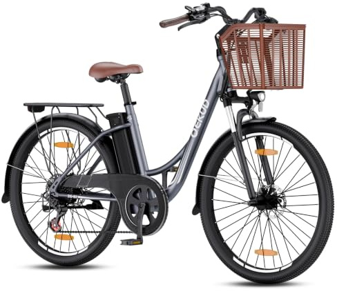 Qekud Vélo électrique pour femme/homme 26 avec panier à vélo, vélo de ville de trekking avec batterie 36 V 13 Ah, gris