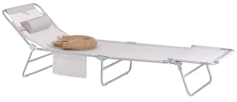 SoBuy Sonnenliege klappbar Gartenliege Liegestuhl klappbar mit Kopfkissen & Seitentasche Strandliege Balkon Relaxliege 155x56x81cm für Gartenmöbel Terrasse Camping Beige OGS35-MI