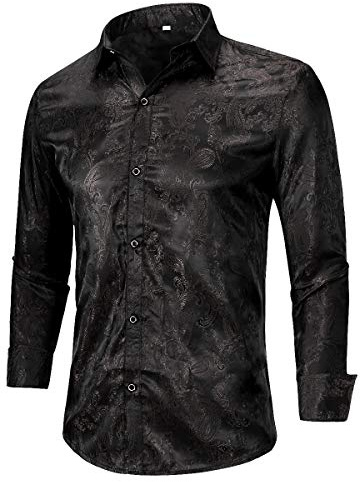 Allthemen Camisa de Cachemir para Hombre, Camisas de Seda Jacquard para Hombre, Camisas de Vestir de Manga Larga, Cuello con Botones, Camisas de Esmoquin Casuales