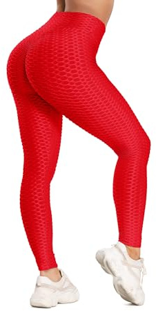 FITTOO Tiktok Damen Honeycomb Anti Cellulite Leggings Booty Scrunch Hohe Taille Push Up Boom Booty Sport Leggings Stretch Gym Yogahosen Rot, XS