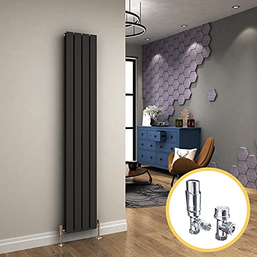 ELEGANT Modern Vertical Radiator Double Designer Heater Grey Tall Upright Radiators Wall Panel 1800 x 300 mm + Chrome Thermostatic Valves Set