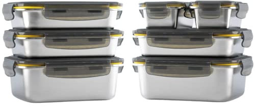 PIKA - Set di contenitori alimentari in acciaio inox - ermetico, compatibile con microonde, forno, congelatore - Batch Cooking (Set di 7)