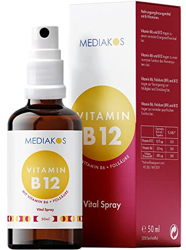 Vitamin B12 + B6 Spray mit 600µg Folsäure (B9) - Hochdosiert & Vegan - B 12 Vitamin Präparat mit Methylcobalamin - Vital Spray mit Apfel-Geschmack (50 ml)