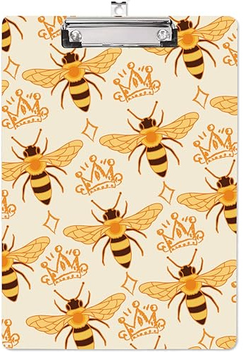 CRASPIRE Acrylic Clipboard A4 Bees Writing Board With Stainless Steel Clip Rectangle Yellow Crown Writing Instrument Decorative Clipboards Forms Holders for Office Supplies School Students