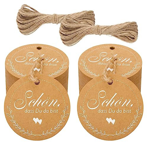 jijAcraft Rund Geschenkanhänger SCHÖN DASS DU DA BIST Kraftpapier Etiketten 5cm, 100 Stück Hängeetiketten mit Juteschnur für Handwerk, Hochzeit, Weihnachten, Geschenkverpackung (Braun)