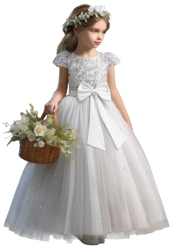 TTYAOVO Girl Flower Dress Wedding Party Princess Lace Gown Size 140 (7-8 Years, 53 White)