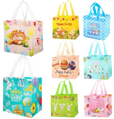 PTBWS 8 Stück Geschenktüten Ostern,Ostertasche Kinder, Ostereiersuche-Taschen mit Griffen, Non-Woven Ostertaschen zum, Wiederverwendbare Ostern Geschenke,Geschenktüte Ostern Kinder.