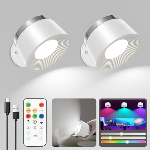 Speclux Lámpara de pared LED Inalámbrica 2 Piezas, Lámpara de pared con batería para interior, control remoto, 3 niveles de brillo y 13 RGB, magnetismo giratorio 360°, para salón, dormitorio