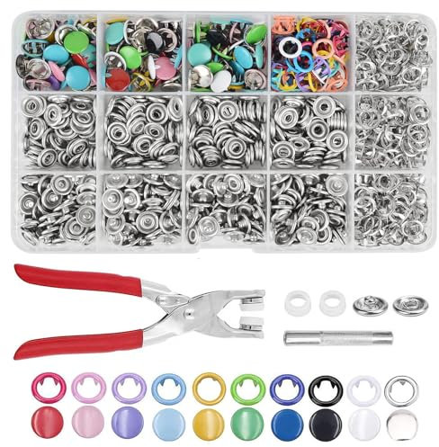 OdiuK 250 Sets Druckknöpfe, Druckknopf set mit zange 9,5 mm Hohle und Solide Metall Button Druckknöpfe Kit, Druckknöpfe Ohne Nähen Für Diy Basteln Kleidung Taschen Sewing Craft(10 Farben)