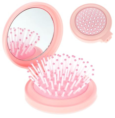 Mini Haarbürste Runde Haarbürste mit Kleiner Spiegel Faltbare Kamm Reisebürste Tragbar Klappkamm Haarmassagekamm Rundbürste Klein Kompakte Haarbürste für Frauen Männer （Rosa）