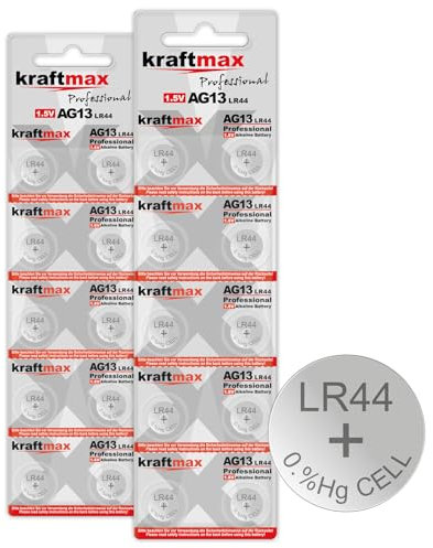 Kraftmax 20er Pack LR44 / AG13 Knopfzelle Typ 357 / LR1154 Hochleistungs- Batterie / 1,5V Uhrenbatterie/Alkaline Batterien