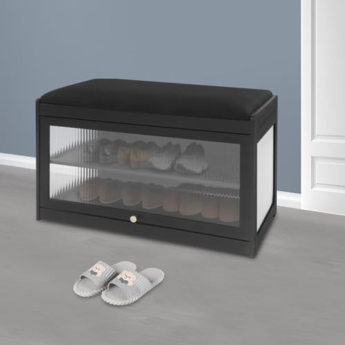 2-Tier Storage Entryway Shoe Rack, Small Shoe Storage Bench Organizer w/Clear Door 165.35 lbs Capacity Shoe-Changing Seat for Home Entryway Bedroom Living Room Hallway (27.6 inch-Black)