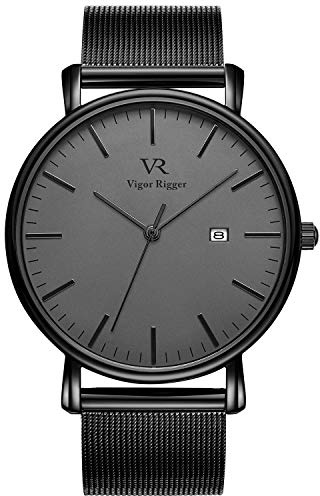 BUREI Vigor Rigger, Ultra-dünnes Herrenuhr mit schwarzen Zeigern, grauem Zifferblatt und Datumsanzeige, ausgestattet mit japanischer Quarzablage, Männer (Gunmetal und Schwarz)