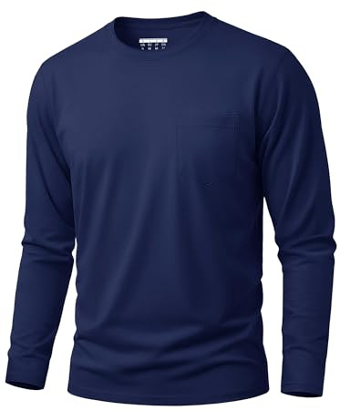 Cavva Camiseta de manga larga para hombre, de algodón, con bolsillos, básica, cuello redondo, manga larga, para otoño