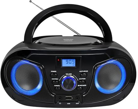 Silva Schneider MPC 25.4 USB – Tragbarer CD-Player mit UKW-Radio, USB für MP3, AUX & Kopfhöreranschluss, LCD-Display, 40 W p.m.p.o., Netz-/Batteriebetrieb – Schwarz