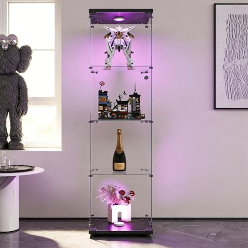 BRILVERDE Vetrina Esposizione 4 Ripiani con Luci LED e Serratura, Ante in Vetro, Mobile Vetrina per Collezioni, Libri, Vini, Ufficio e Soggiorno (Nero, 164x42.5x36.5 cm)