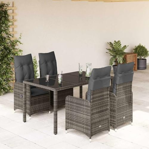Set bistrò da giardino grigio polyrattan sedie regolabili tavolo in vetro cuscino resistente ai raggi UV, resistente alle intemperie, per terrazza, balcone, giardino, 150 x 90 x 75 cm