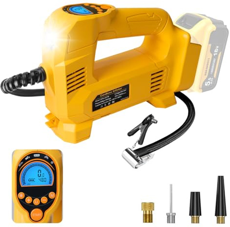 QUPERR Akku Kompressor kompatibel mit Dewalt 18V Akku, Elektrischer Luftkompressor bis 10,34 bar mit LED-Licht & Autostopp, Tragbare Luftpumpe für Auto, Motorrad, Fahrrad, Bälle (ohne Akku)