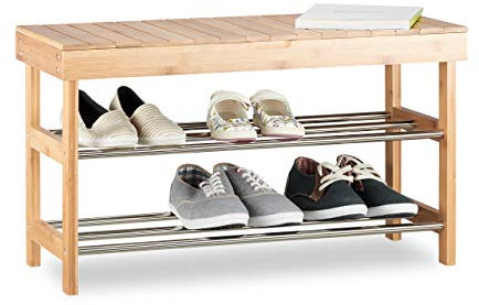 Relaxdays 10021566 Panca Scarpiera con Scomparto Interno, Bambù, Panchetta Porta-Scarpe, 6 Paia, HxLxP: 43x74x30 cm, Marrone