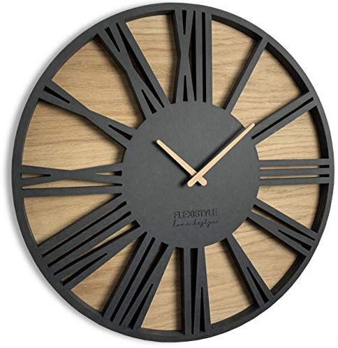 FLEXISTYLE z213-2 Groß wanduhr ohne tickgeräusche Roman LOFT Schwarz 50cm, Wohnzimmer, Schlafzimmer, in EU hergestellt