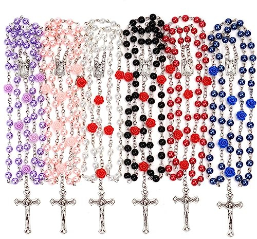 Rosary Beads Catholic for Women Rosaries Catholic Bulk Pearl Necklace with Jesus Christ Crucifix Cross First Communion Confirmation Gifts White, Pink, Black, Red, Purple, Royal Blue